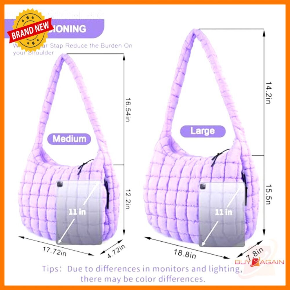 Quilted Puffer Tote Hobo Crossbody Shoulder Bag Lightweight Nylon - Picture 2 of 7